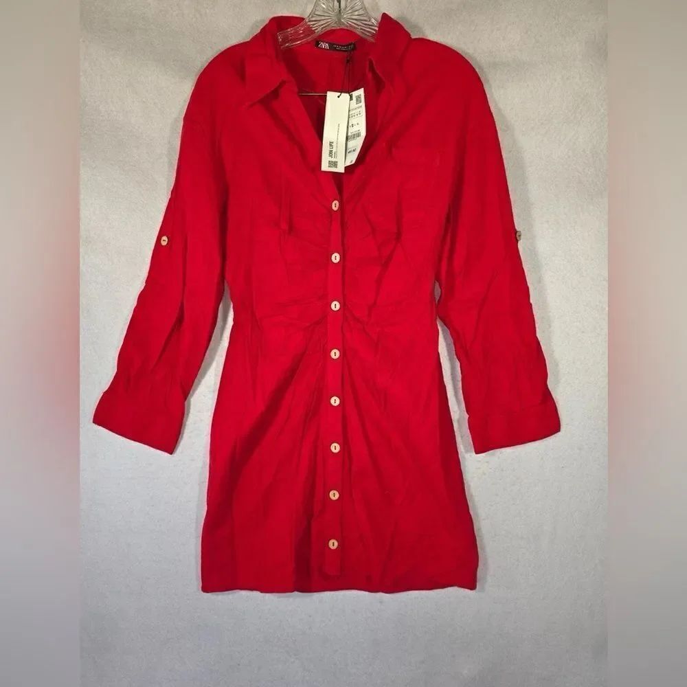 Zara | Red Linen Button Ruched Shirt Dress | M